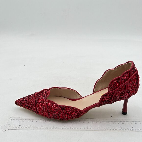 XYD Burgundy Glitter Pointed Toe D'Orsay Kitten Heel Wedding Shoes - Picture 2 of 8